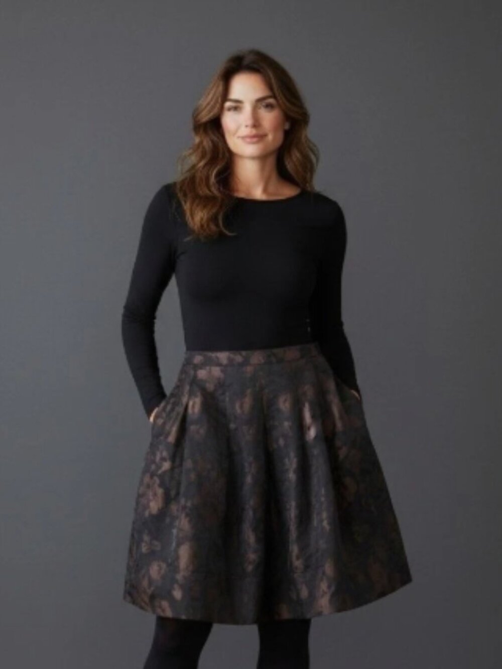 Talbots Black and Brown Floral Jacquard A-line Skirt size 6
